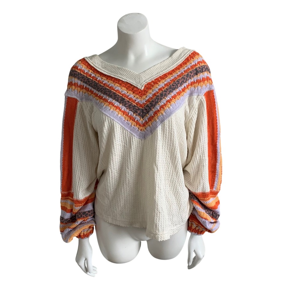 Free People Thermal Top XS Cream Orange Purple Good Boho Crochet Leopard Print